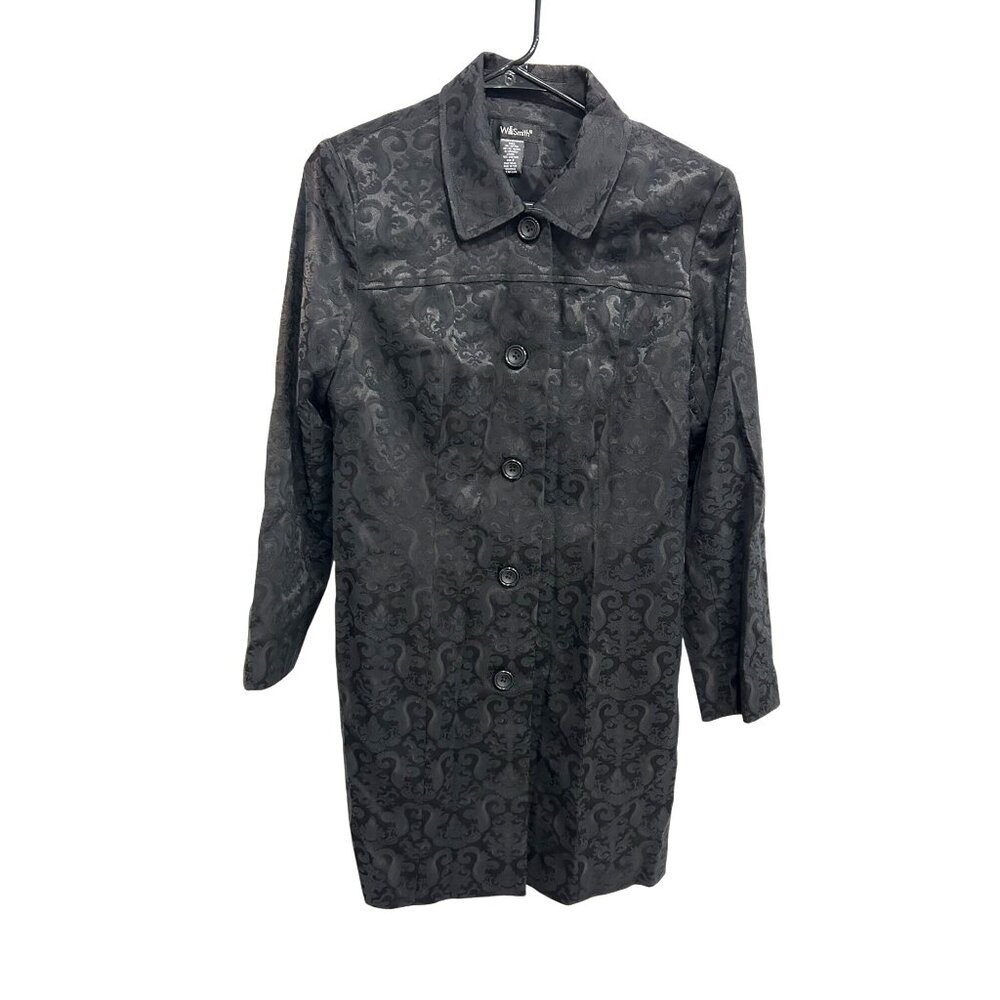 Willi Smith Womens Black Long Damask Jacquard Coat Size 8 Button Front Lightweig